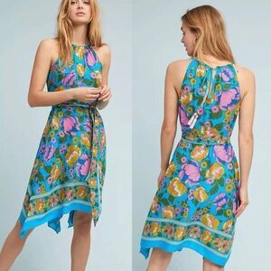 Anthropologie Lilka Dinan Blue Floral Halter Handkerchief Hem Dress XS Bohemian